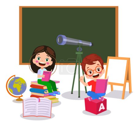 Illustration for Kids playing with bricks and educational games in kindergarten room. Kids play together in kindergarden. Poster with the place for your text. Playroom with children - Royalty Free Image