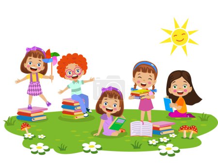 Ilustración de Niños trabajando y leyendo libros en el parque - Imagen libre de derechos