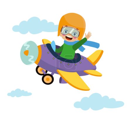Téléchargez les illustrations : Joyeux enfant volant dans l'avion - en licence libre de droit