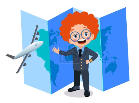 Illustration for Happy cute little kid boy wearing pilot uniform and world map - Royalty Free Image