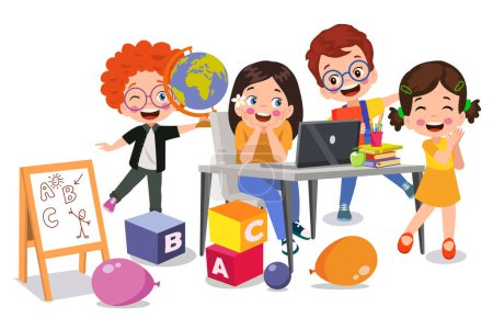 Téléchargez les illustrations : Illustration vectorielle d'enfants avec ordinateur et avec un ami - en licence libre de droit