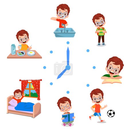 Illustration for Cartoon kid daily routine activities set - Royalty Free Image