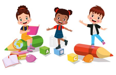 Illustration for Cartoon caharecter happy kid studynig and learning - Royalty Free Image