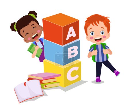 Téléchargez les illustrations : Illustration vectorielle d'enfants mignons avec des blocs abc, lettres abc - en licence libre de droit