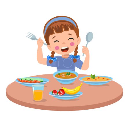 Ilustración de Lindo niño comiendo en la mesa de la cena - Imagen libre de derechos