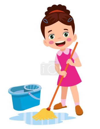 Ilustración de Lindo niño limpieza con fregona - Imagen libre de derechos