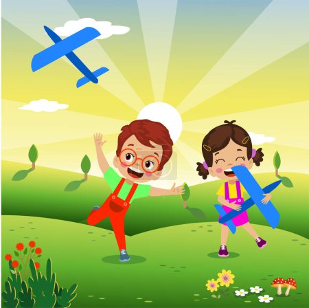 Illustration for Cute kids flying model airplanes - Royalty Free Image