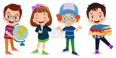 Illustration for Cute kids holding book smiling holding world map - Royalty Free Image