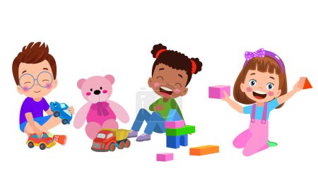 Téléchargez les illustrations : Un groupe d'enfants jouant avec des jouets et un ours en peluche - en licence libre de droit