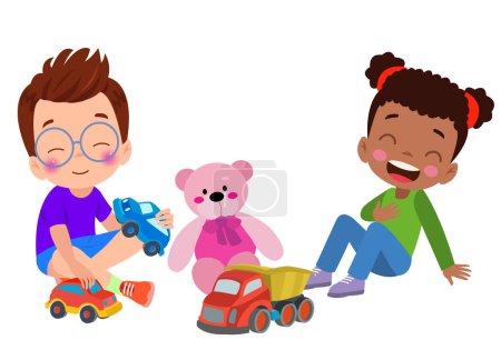 Téléchargez les illustrations : Un garçon et une fille jouant avec des jouets et un ours en peluche. - en licence libre de droit