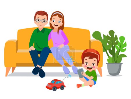 A boy sits on a couch with his parents and a car.