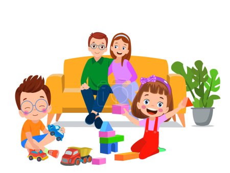 Una familia jugando con juguetes en la sala de estar.