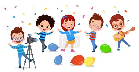 Téléchargez les illustrations : Les enfants s'amusent à une fête avec des ballons et des ballons. - en licence libre de droit