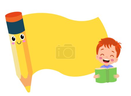 Téléchargez les illustrations : Un garçon lit un livre avec un crayon et un signe qui dit heureux - en licence libre de droit