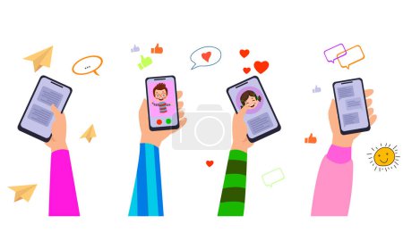 Téléchargez les illustrations : Un dessin animé de mains tenant des téléphones avec une photo d'une fille à l'écran. - en licence libre de droit