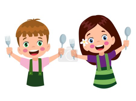 Cartoon happy little boy holding a spoon and fork