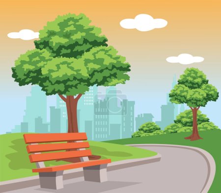Illustration for City park with green trees and grass, wooden bench, lanterns and town buildings on skyline - Royalty Free Image