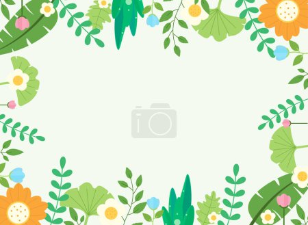 Foto de Marco floral con hojas verdes y flores. Ilustración vectorial plana. - Imagen libre de derechos