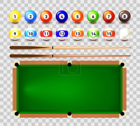 Billiard balls and cue on green billiard table
