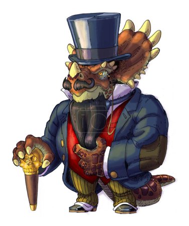 Photo for Hand drawn cartoon clip art illustration of an anthropomorphic steampunk Styracosaurus dinosaur wearing Victorian clothes with a beard, top hat, and a cane. - Royalty Free Image