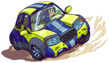 Illustration for Vector cartoon clip art illustration of a rally car with driver spinning out or drifting or skidding in a race. Elements in separate layers. - Royalty Free Image