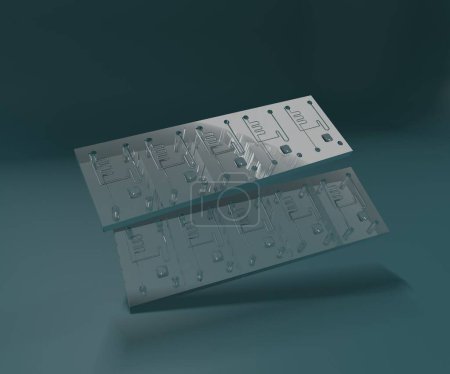 Téléchargez les photos : Une puce microfluidique est un ensemble de micro-canaux gravés ou moulés dans un matériau en verre 3d rendu - en image libre de droit