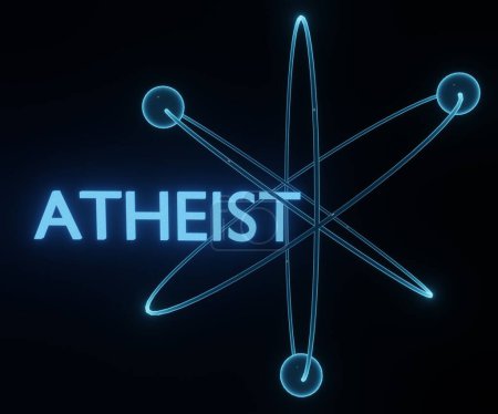 Foto de Carta atea aislada con molécula atómica azul que brilla sobre el fondo negro en 3d renderizado - Imagen libre de derechos