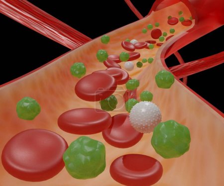 Foto de Molécula de glucosa viaja a través del torrente sanguíneo a las células, se llama glucosa en sangre o azúcar en sangre 3d representación. - Imagen libre de derechos