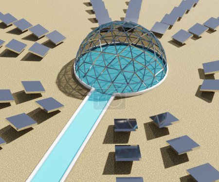 Photo for Solar dome desalination is a future of carbon-neutral seawater desalination in the desert 3d rendering - Royalty Free Image