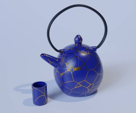 Keramische Teekanne vorhanden. Kintsugi ist die japanische Kunst, gebrochene Keramik zu reparieren, indem die Bruchstellen mit Lack geflickt oder mit Goldpulver vermischt werden.