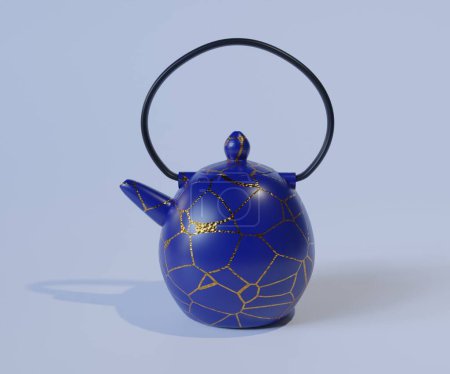 Photo for Ceramic Teapot. Kintsugi is the Japanese art of repairing broken pottery by mending the areas of breakage with lacquer dusted or mixed with powdered gold - Royalty Free Image