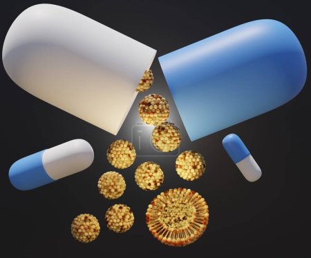 Liposome nanoparticles inside of capsule pills 3d rendering