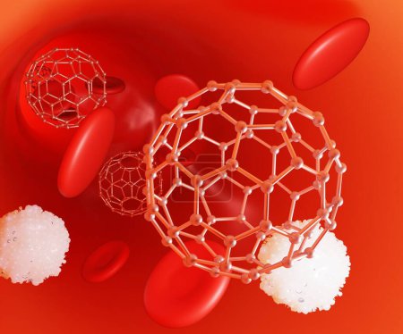 Photo for Fullerene, red blood cells and white blood cells in the blood vessel 3d rendering - Royalty Free Image