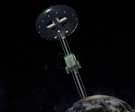 Space Elevator, ein Konzept, um die Masse gut aus der Schwerkraft der Erde zu heben, ohne Raketen zu verwenden, bei denen ein extrem starkes Kabel von der Erdoberfläche ausgeht.