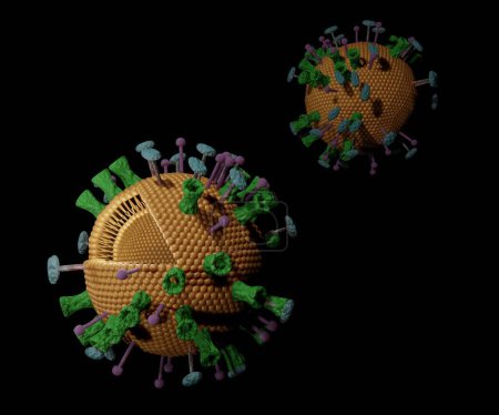 Foto de Virosoma es un fármaco o mecanismo de administración de vacunas que consiste en fosfolípidos proteínas derivadas del virus de la membrana bicapa para permitir que los virosomas se fusionen con las células diana 3d representación - Imagen libre de derechos