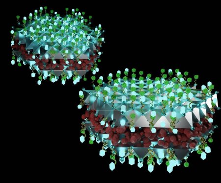Foto de Isolated layered double hydroxide (LDH) nanoplatform with nanodrug, proteins and biosensor conjugated 3d rendering - Imagen libre de derechos