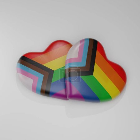 Téléchargez les photos : Isolated LGBTQI+ rainbow progress pride flag in heart shape 3d rendering - en image libre de droit