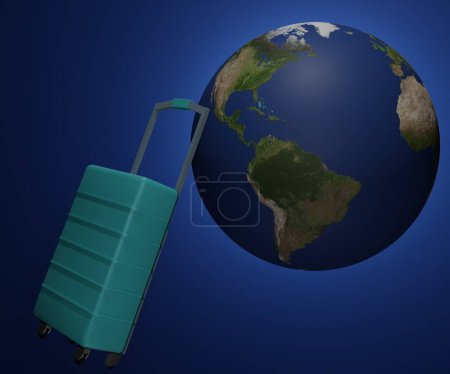 Foto de Isolated sky blue suitcase and planet earth. Travelling around the world 3d rendering - Imagen libre de derechos