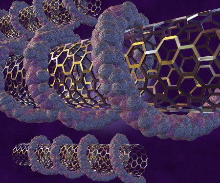 Photo for Isolated DNA strands wrapped around carbon nanotubes. Helical molecules such behave as an efficient source and detector of spin polarized charge carrier 3d rendering - Royalty Free Image