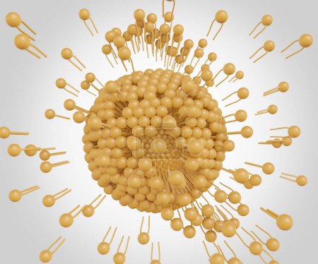 The liposomes can burst or be broken down to release nanodrugs or nanomedicine 3d rendering