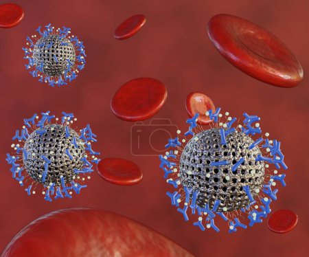 Photo for Quantum dots conjugated with antibodies and biosensors in the blood vessels with red blood cells 3d rendering - Royalty Free Image