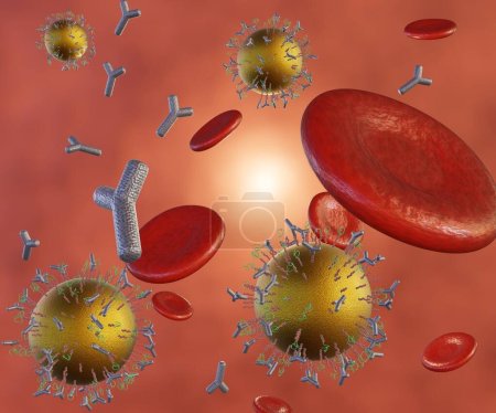 Foto de The gold nanoparticle with linker conjugates antibodies, proteins, peptides, ligands, and polymers for specific targeting cells in the blood vessel with red blood cells 3d rendering - Imagen libre de derechos