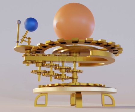 Téléchargez les photos : The Tellurion Orrery. Isolated complex brass Orrery of the Earth and the Moon as they travel around the Sun 3d rendering - en image libre de droit