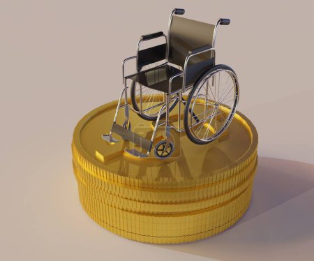 Photo for Isolated wheelchair with gold coins in the white background 3d rendering in the white background - Royalty Free Image