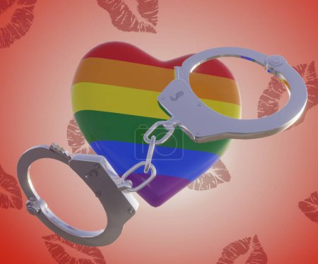 Photo for Rainbow gay pride flag in heart shape with handcuffs 3d rendering - Royalty Free Image