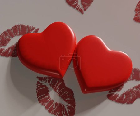 Téléchargez les photos : Red heart shape on the red lipstick stain background 3d rendering - en image libre de droit