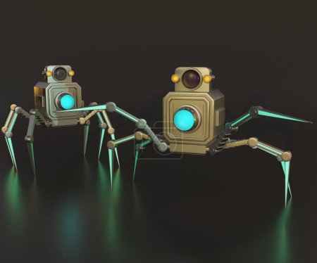 Photo for Camera nanorobot with six legs in the reflected black background 3d rendering - Royalty Free Image