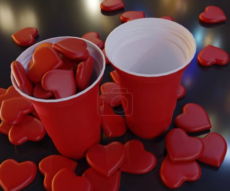 Photo for Beer pong party. red heart shapes with standing and falling red cups 3d rendering - Royalty Free Image