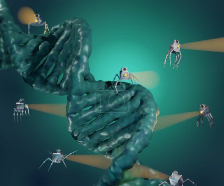Téléchargez les photos : Nanobots ou nano robotique fixent des brins d'ADN. gène modifier thérapie 3d rendu - en image libre de droit