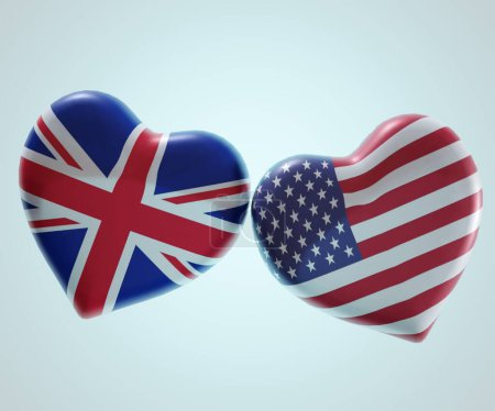 Foto de La bandera nacional de los Estados Unidos de América en forma de corazón con bandera del reino unido en forma de corazón lado a lado - Imagen libre de derechos